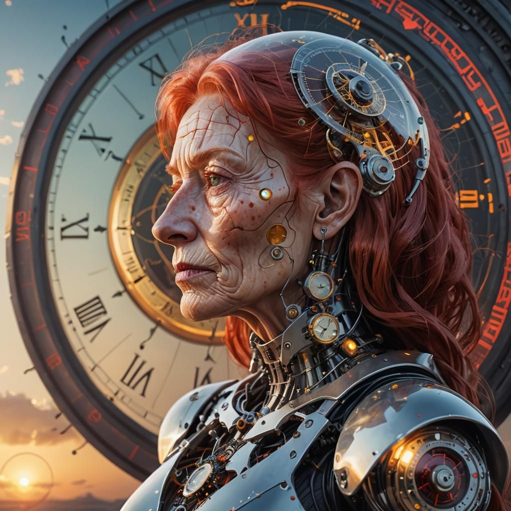 Cyborg Android Cries at Sunset Vortex: Sci-Fi Portrait