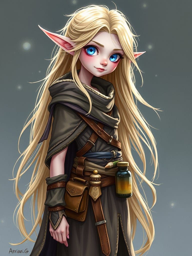 Ethereal Elf with Magical Items in Whimsical Style