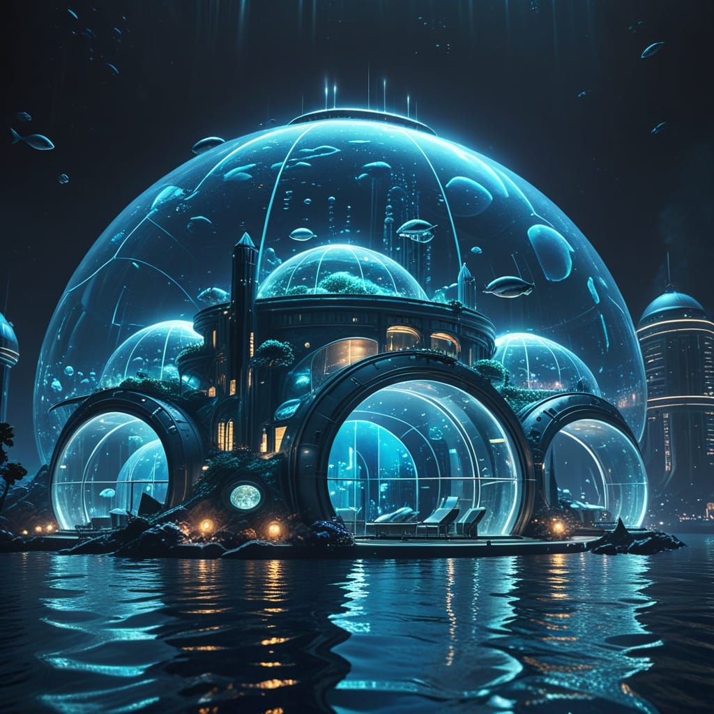 Futuristic Underwater City with Glowing Domes