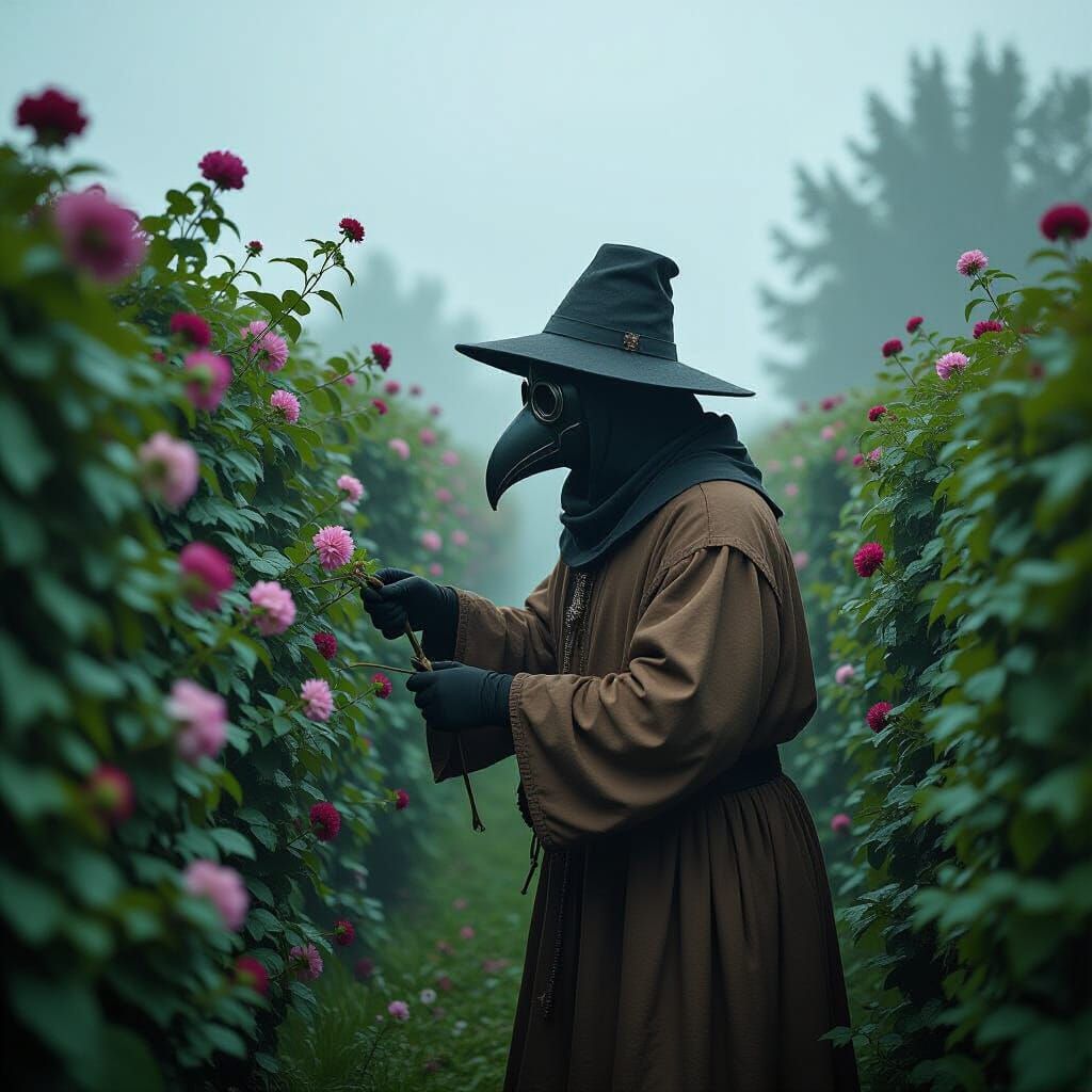 Plague Doctor as Gardener in Floral Maze
