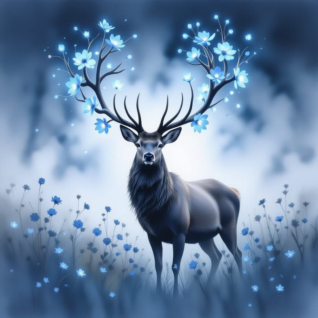 Majestic Stag Amidst Glowing Flowers in Dreamy Meadow
