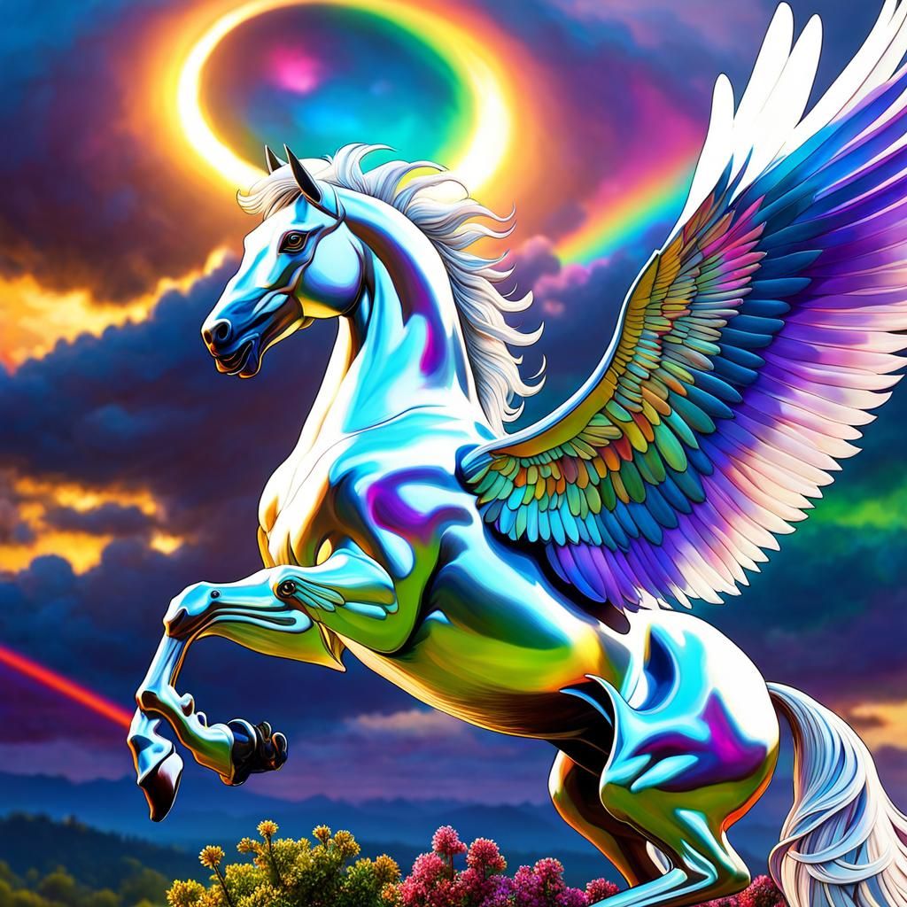 Iridescent Pigeon Flies Above White Horse