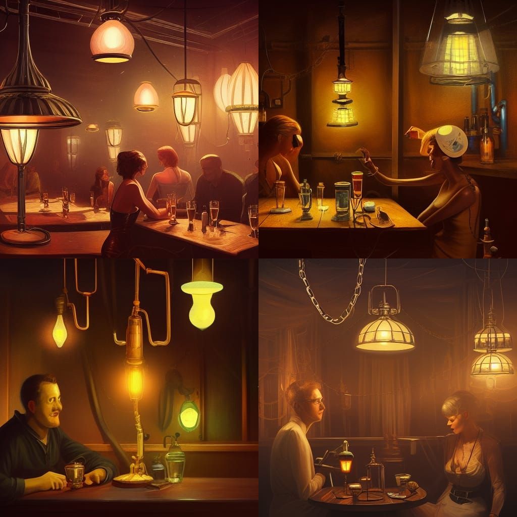Vintage Tavern Scene with Retro Sci-Fi Elements