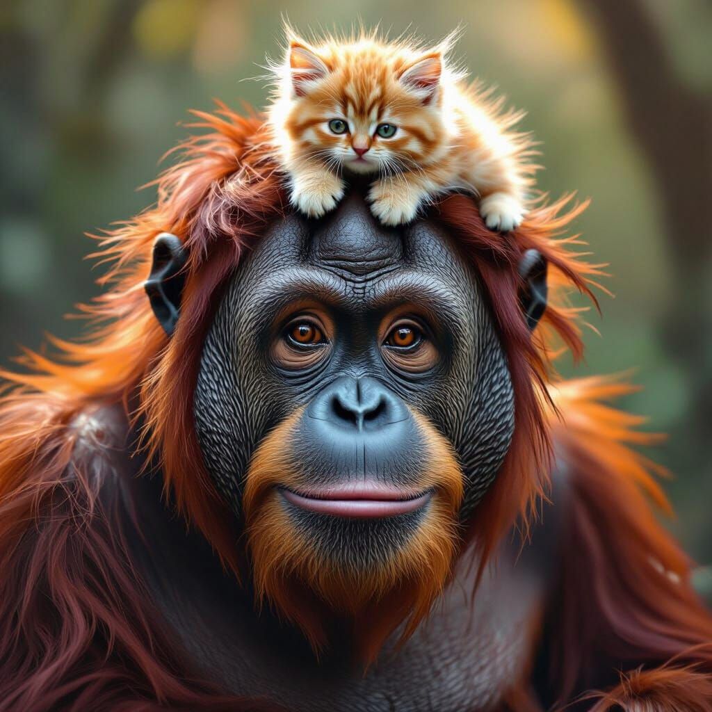 Orangutan with Kitten on Head: Hyperrealistic Digital Art