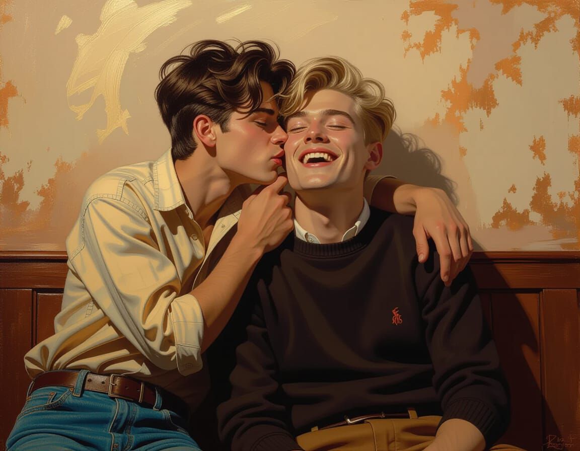 Intimate Moment of Two Young Men, Hyperrealistic Painting