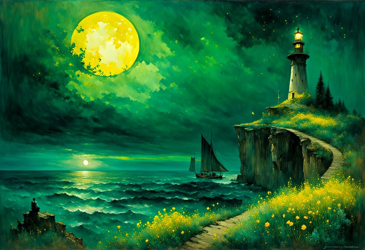 Lighthouse at Night in Detailed Oil Painting Style