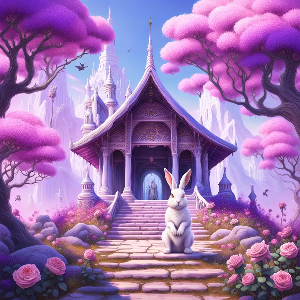 Mystical Lapin Blanc Before Ancestral Temple in Vibrant Viol...