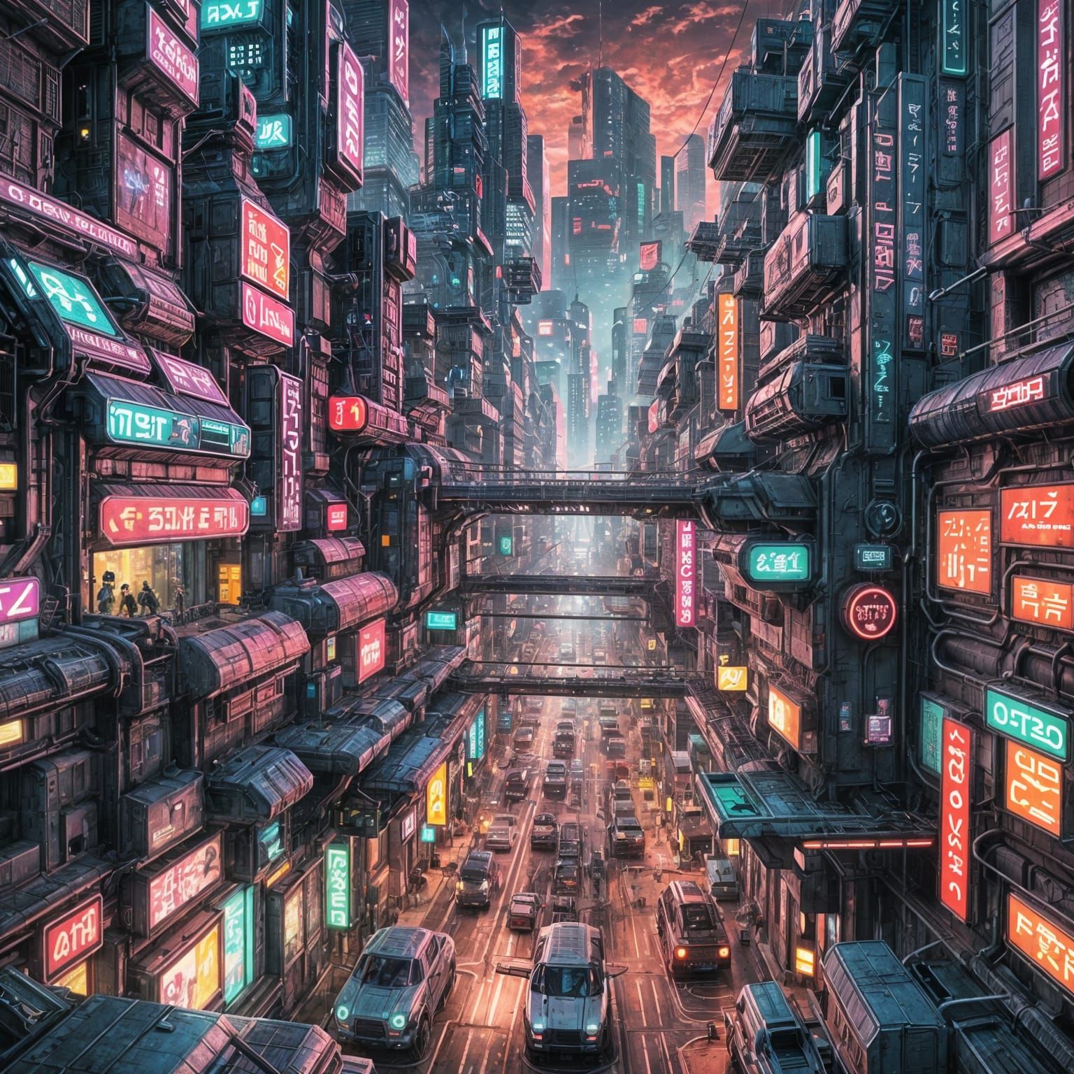 Cyberpunk Cityscape Inspired by Total Recall, Anime Style