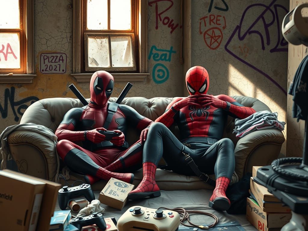 Retired Deadpool and Spiderman Gaming in Dirty Apartment