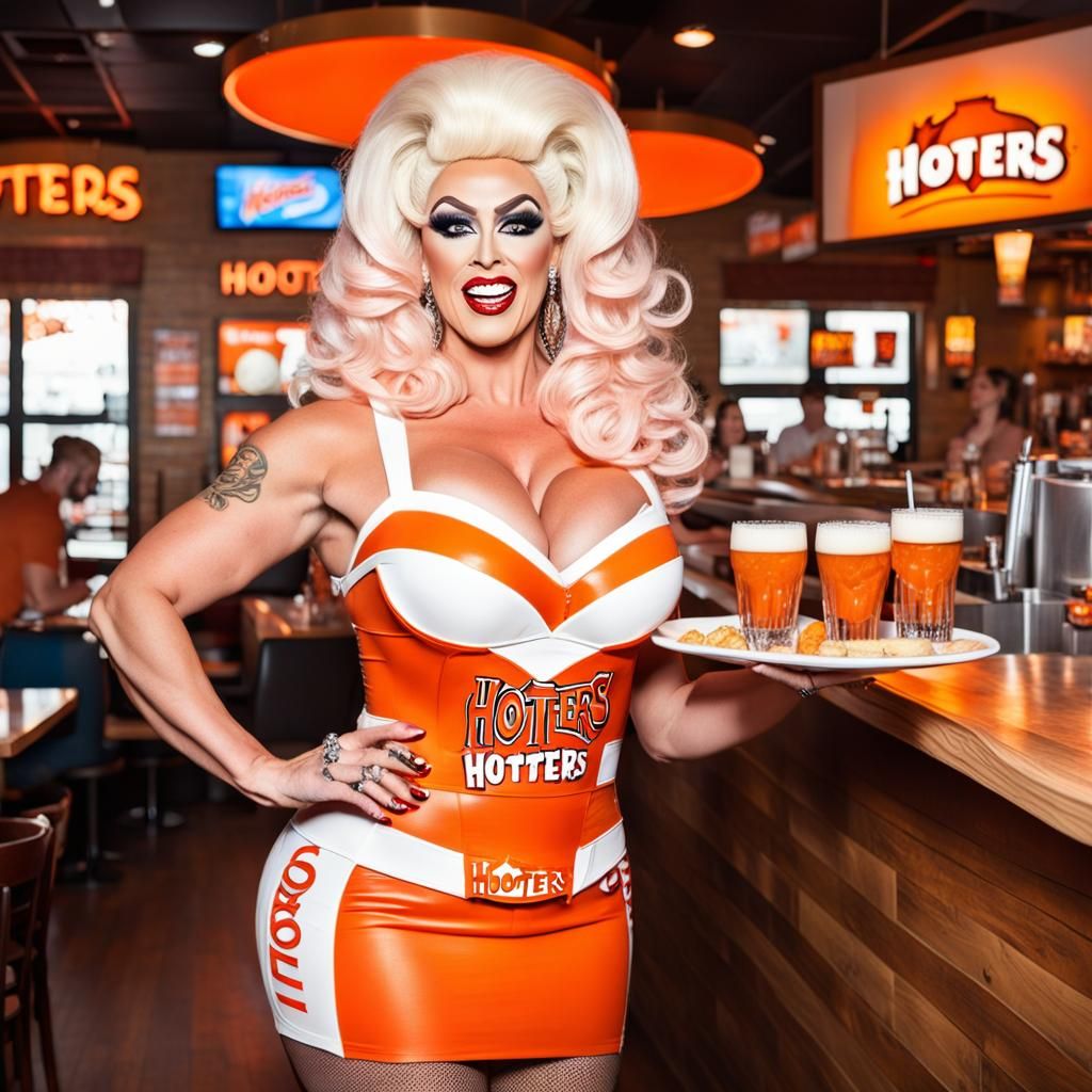 Surprised Drag Queen Waitress Serving Customers
