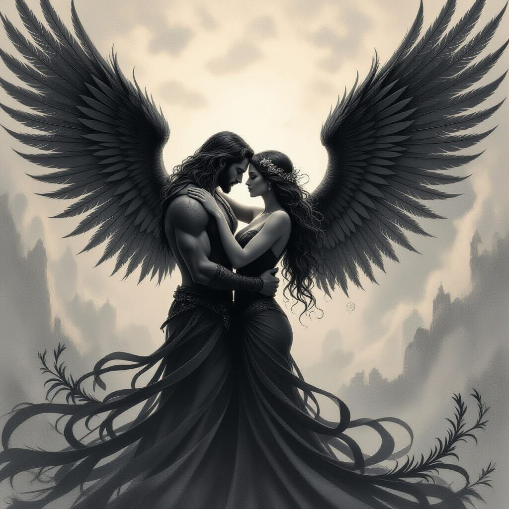 Phoenix Embrace: Divine Figures in Charcoal Drawing