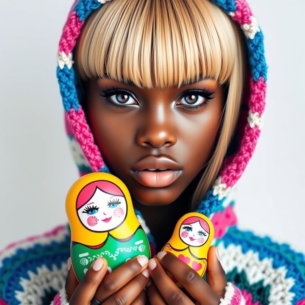 Young African-American Woman with Vibrant Crocheted Hoodie a...