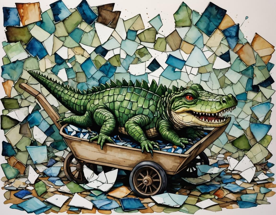 Broken Porcelain Crocodile in Storybook Illustration Style