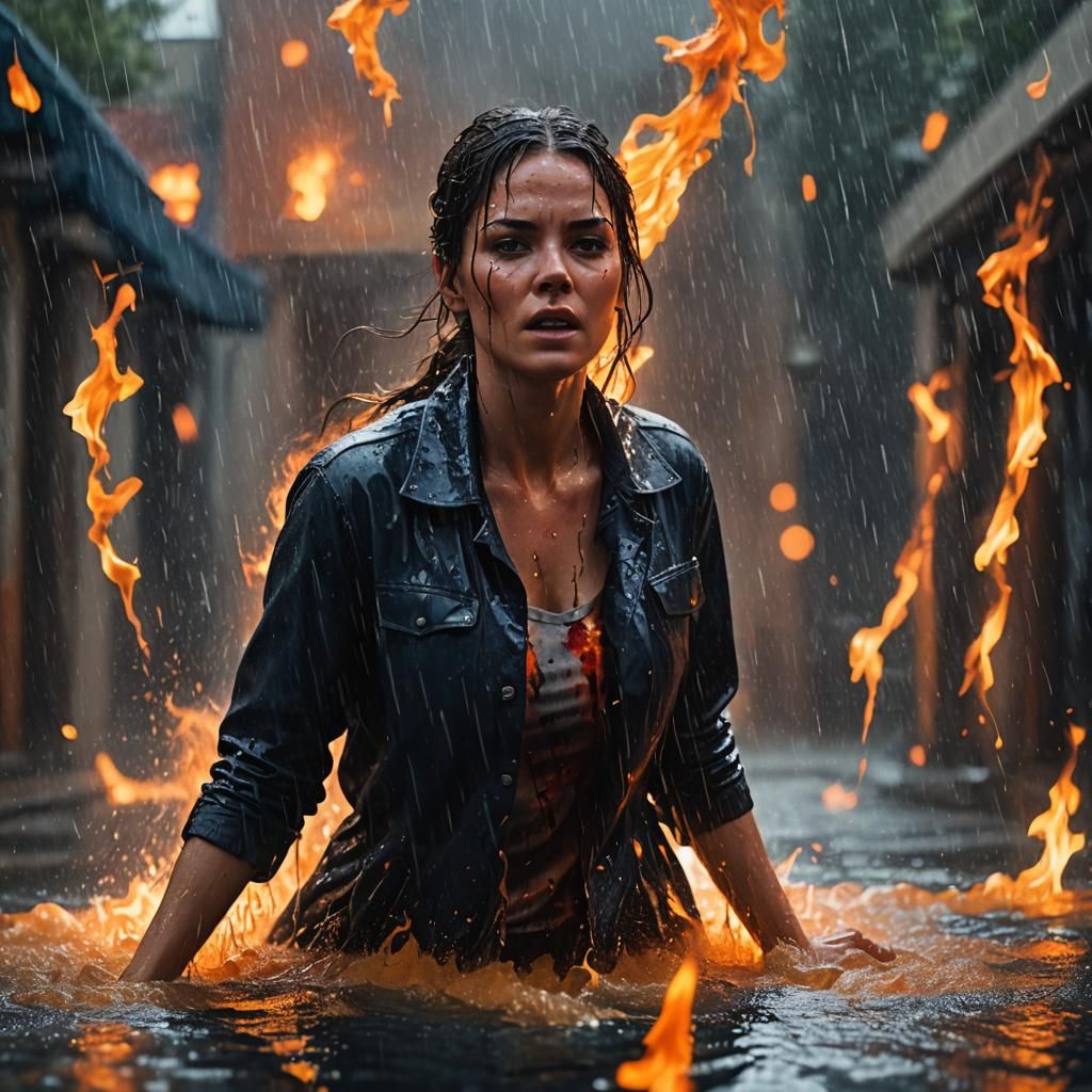 Girl Ablaze in Rain, Fantastical Digital Painting