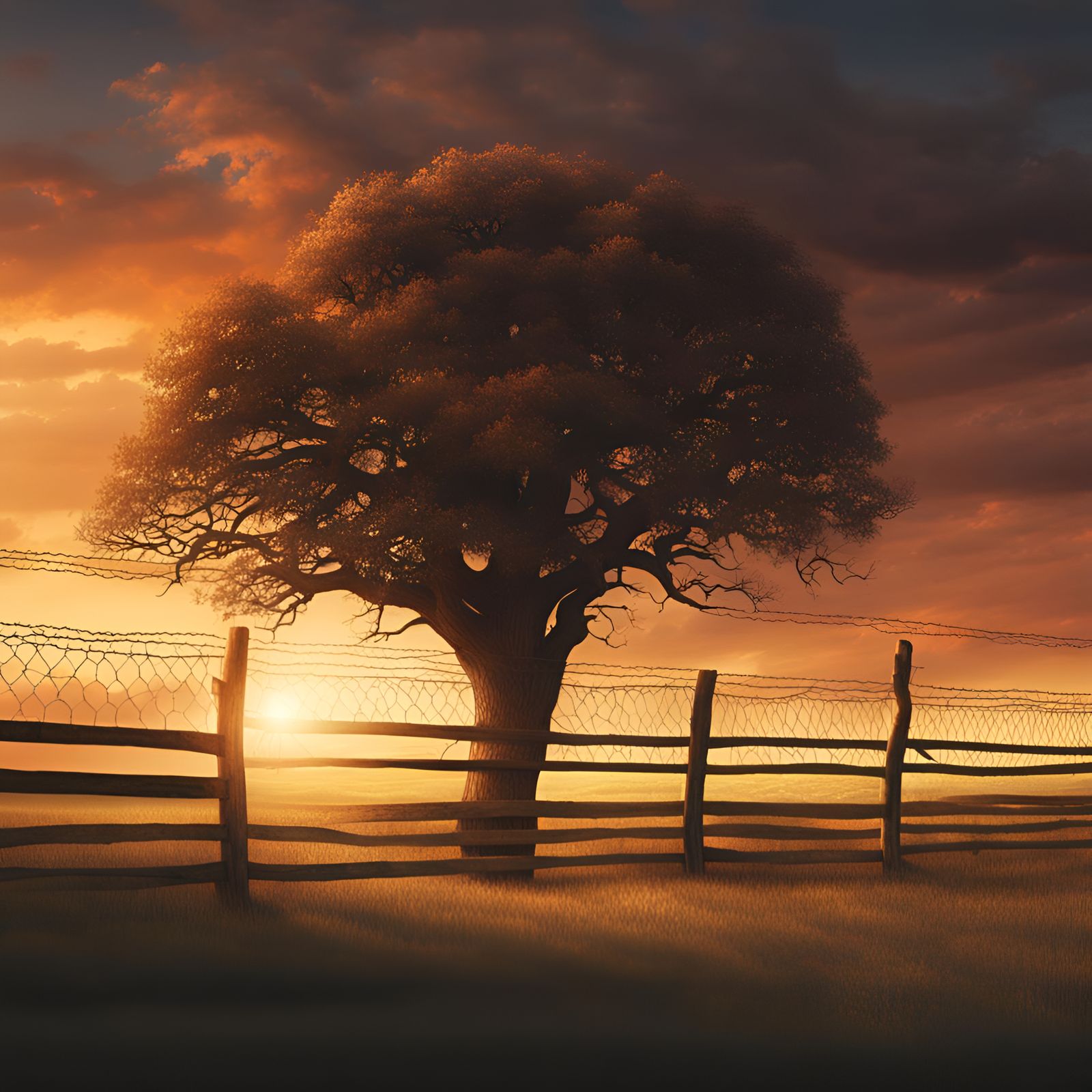 Sunset Tree in Farm Fence: Digital Matte Painting
