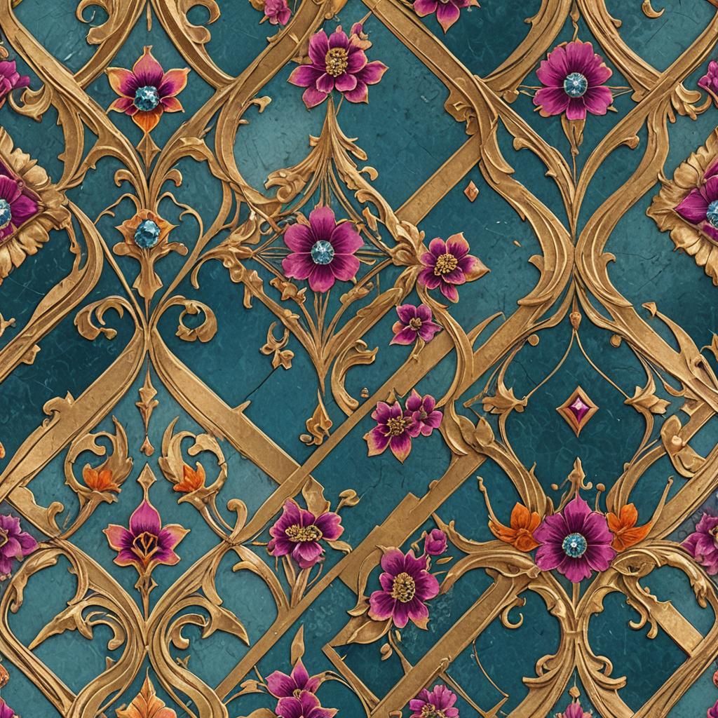 Art Nouveau Wallpaper with Diamonds and Flowers