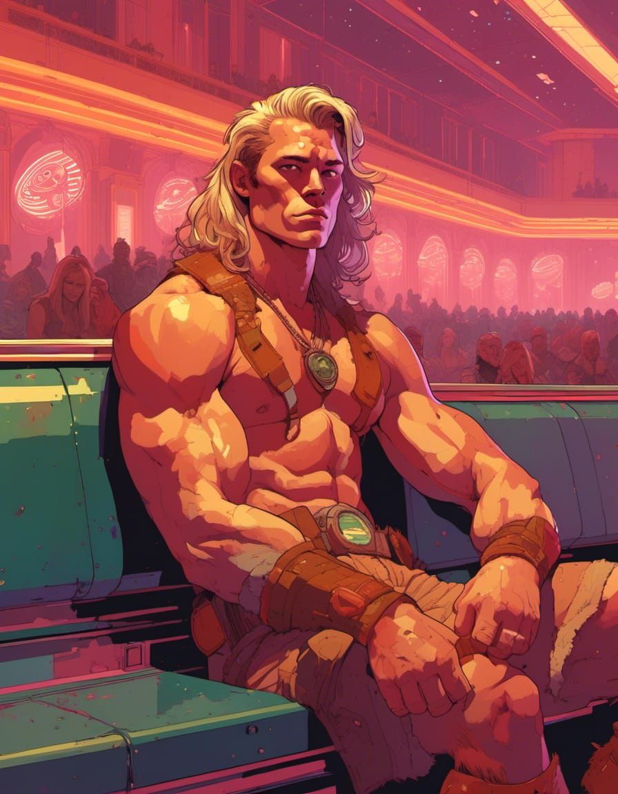 Atompunk Barbarian Relaxing in Extraterrestrial Train Statio...