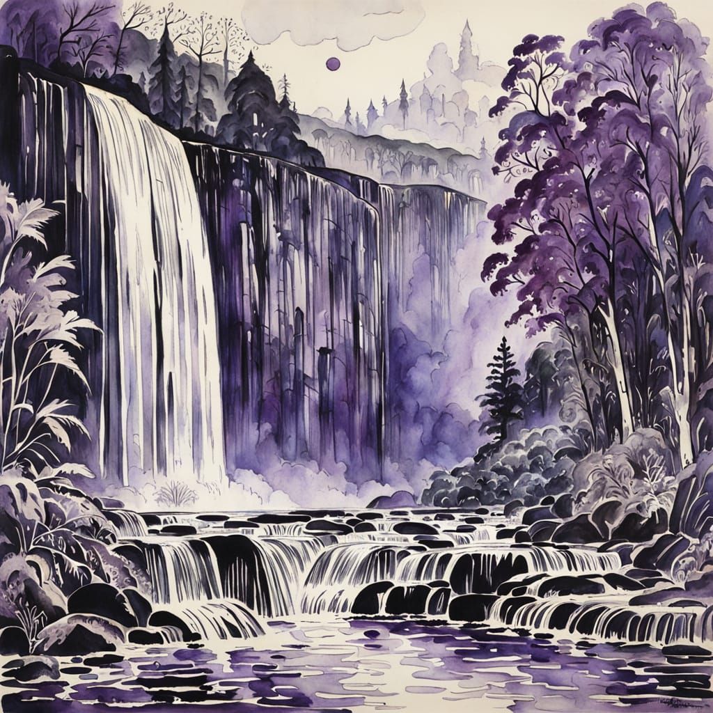Idyllic Waterfall Monochromatic Study in Purple