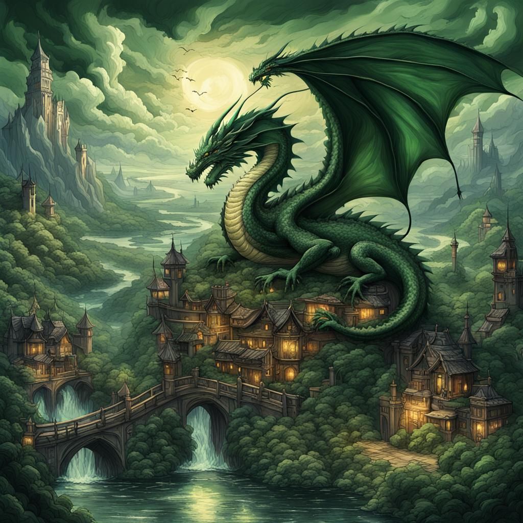 Green Dragon in Fantasy Landscape, Rackham Style