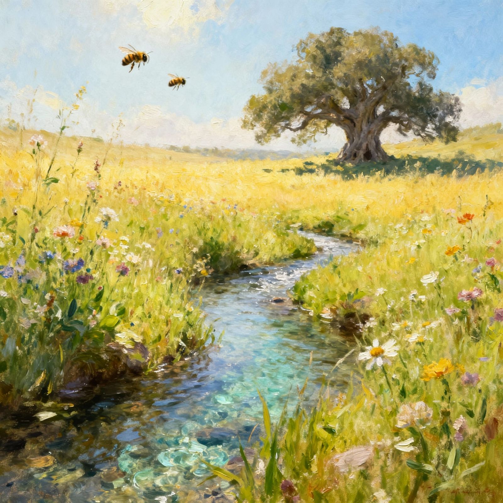 Peaceful Meadow with Stream and Wildflowers