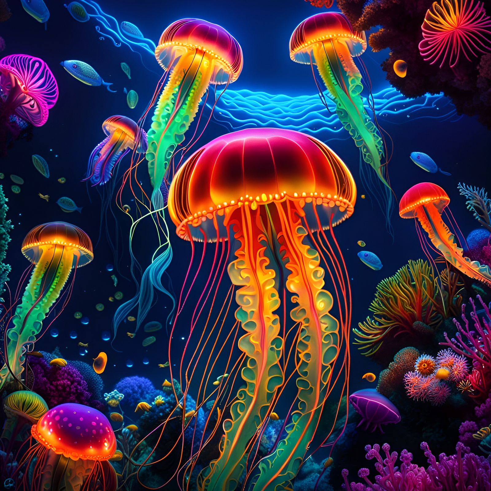 Bioluminescent Jellyfish in a Vibrant Coral Reef