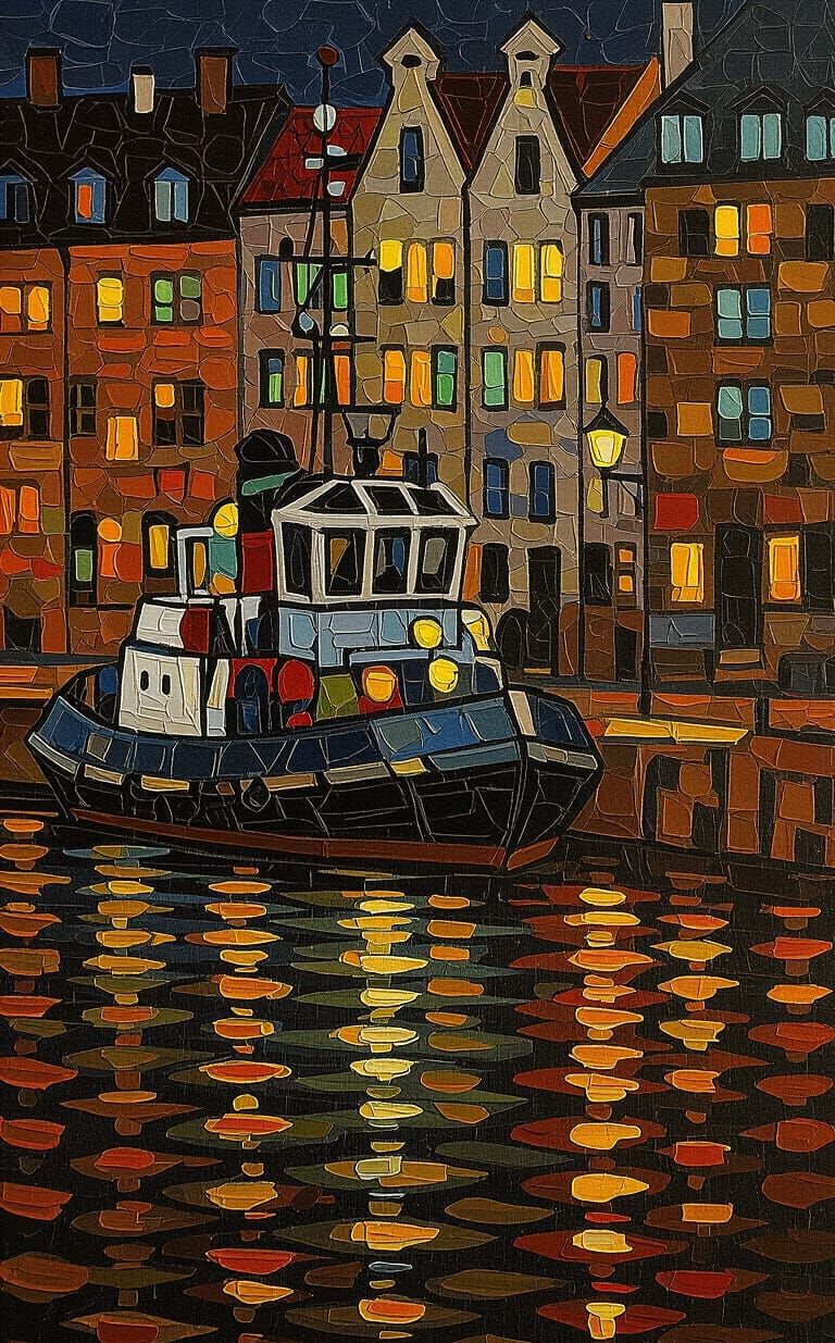 Impressionistic Harbor Scene with Tugboat