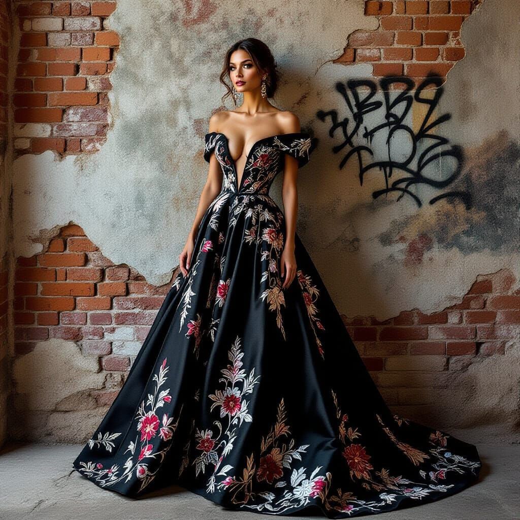 Regal Woman in Ornate Gown Against Graffiti Wall