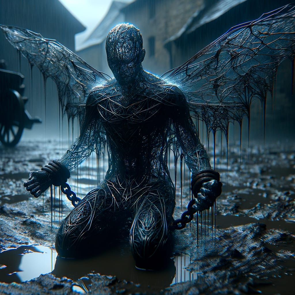 Glowing Holographic Figure Shackled in Medieval Town