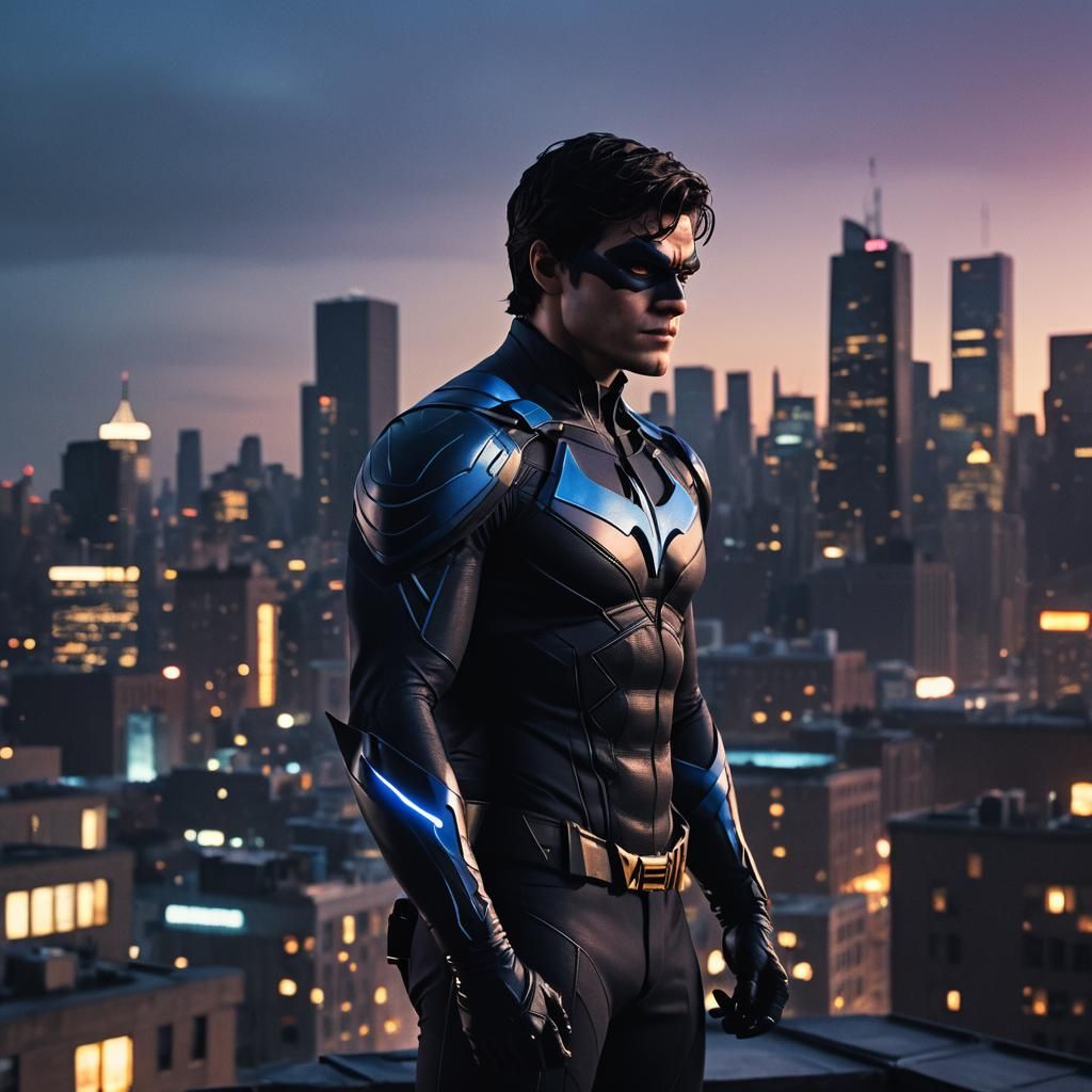 Nightwing on Gotham Rooftop in Cinematic Style