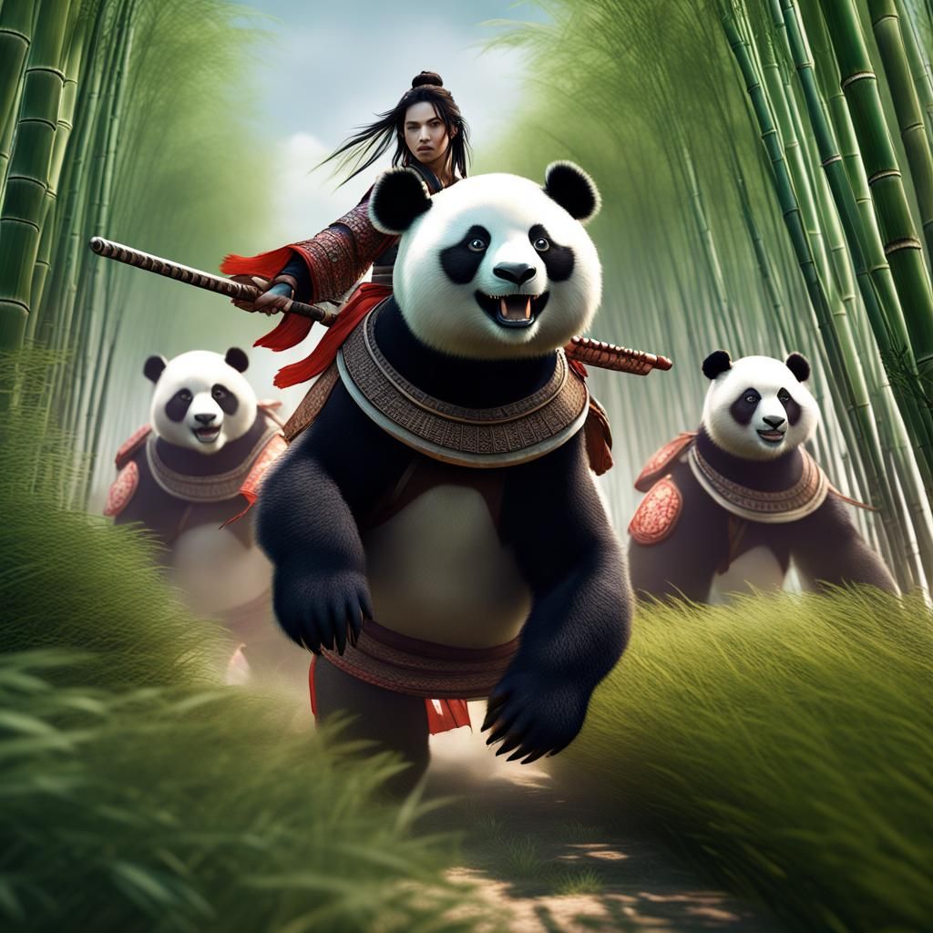 Samurai Warrior on Panda Bear in Bamboo Field