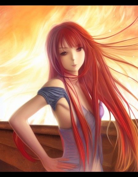 Scarlet-Haired Flame Sorceress in Anime Sci-Fi Style