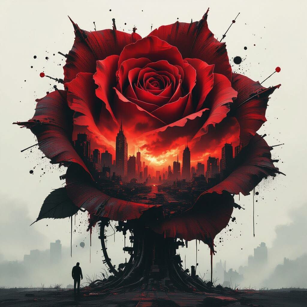 Crimson Storm Rages Over Cyberpunk City in Double Exposure