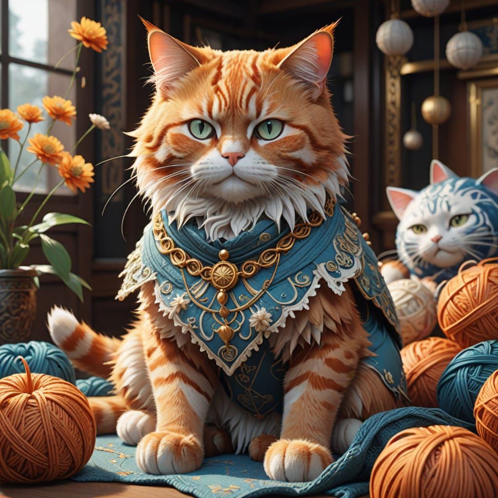 Anime-Inspired Fluffy Orange Cat Knitting Delicately in Orna...