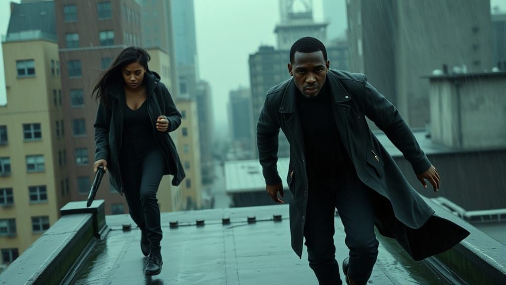 Rain-Soaked City Chase in Cinematic Style