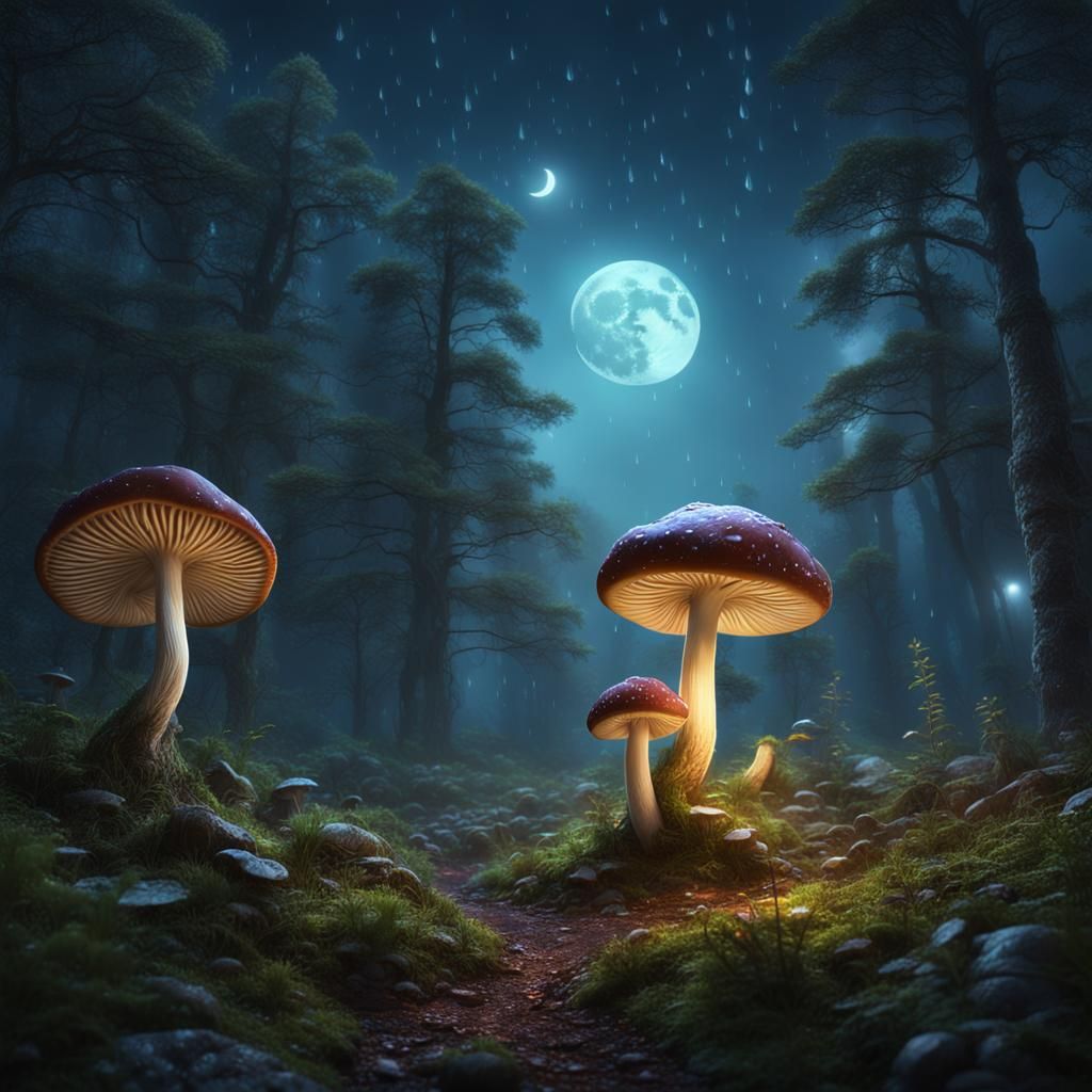Mushroom Forest at Night Under Two Moons