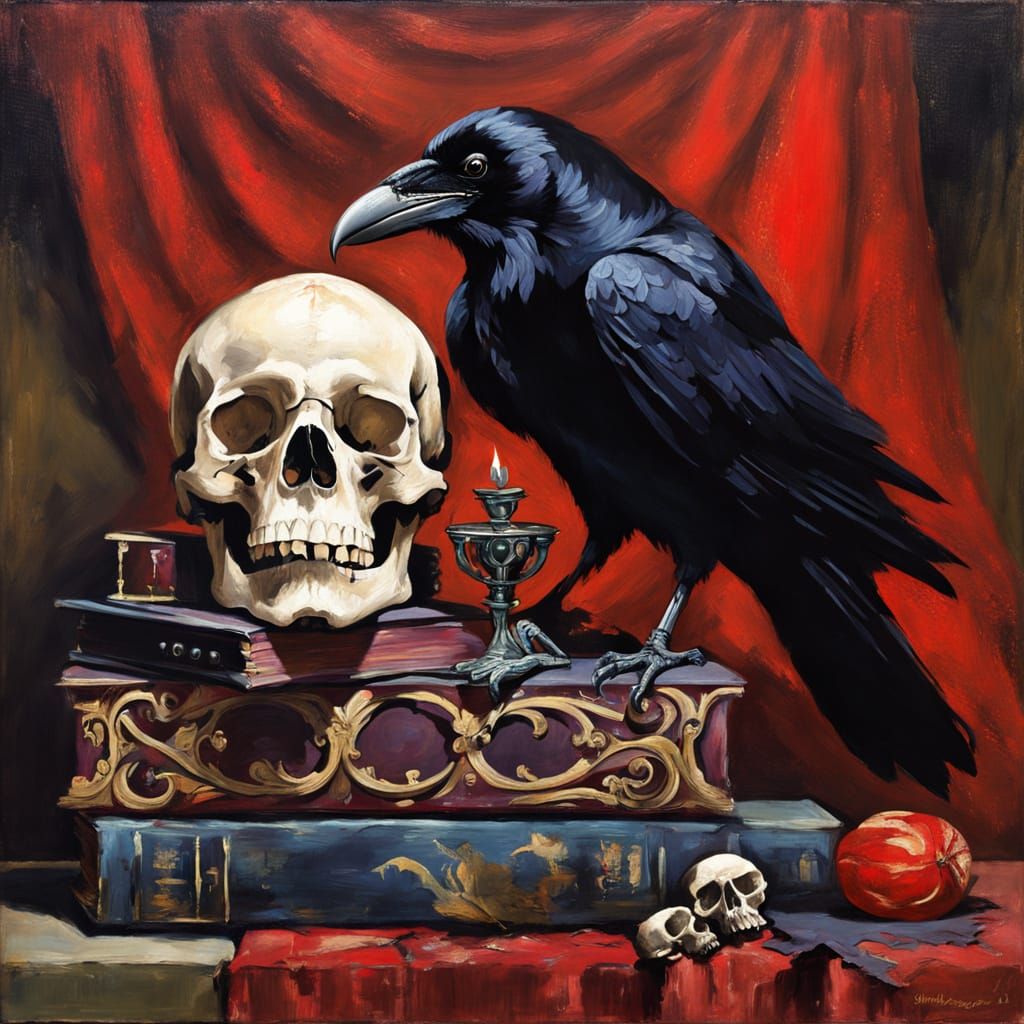 Raven on Skull with Ancient Tome, Oil Painting Style