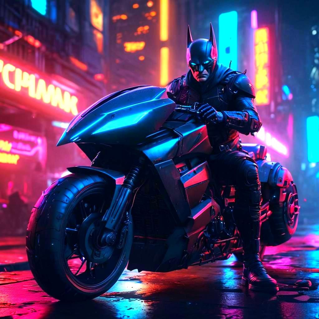 Cyberpunk Batman in Neon-lit, Gothic Sci-Fi Arkham