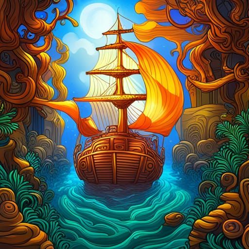 Sunken Pirate Ship in Coral Reef: Graffiti Art Style