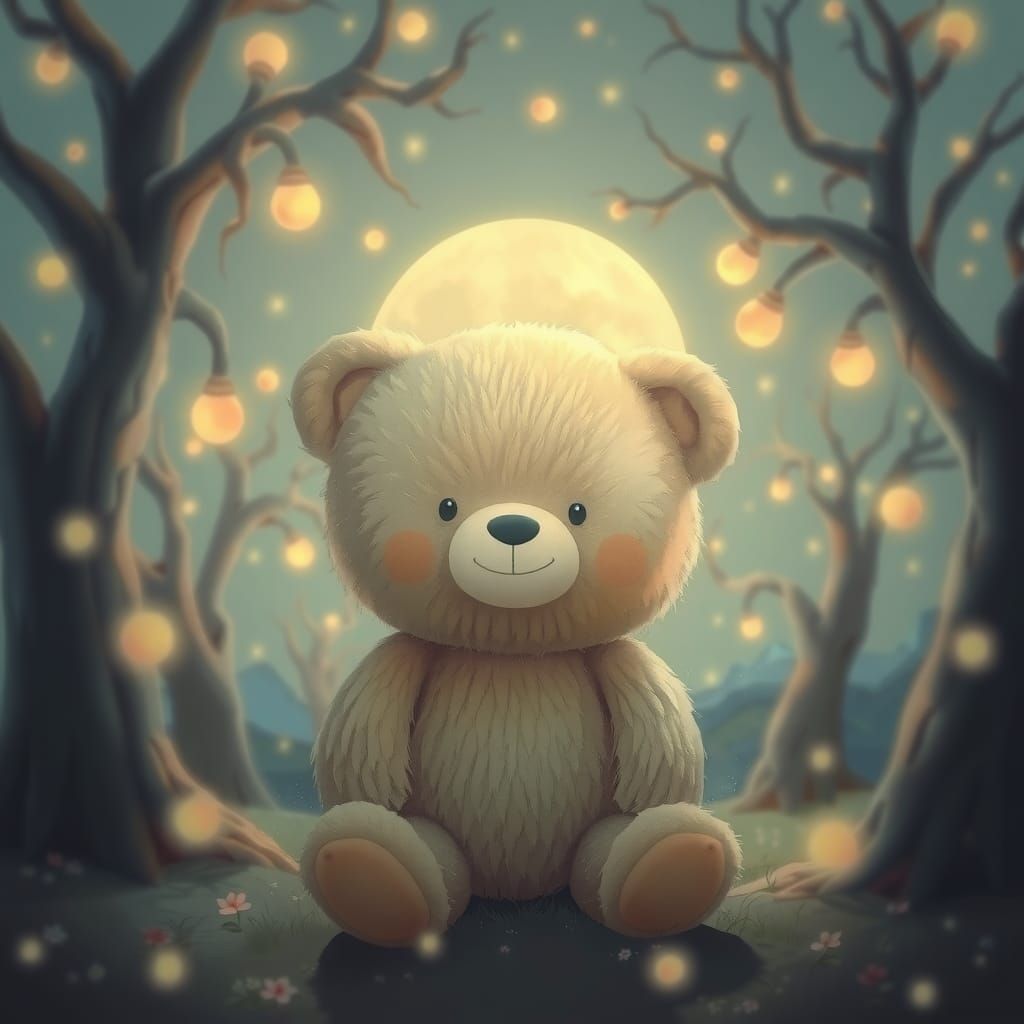 Dreamy Teddy Bear in Surreal Mystical Landscape