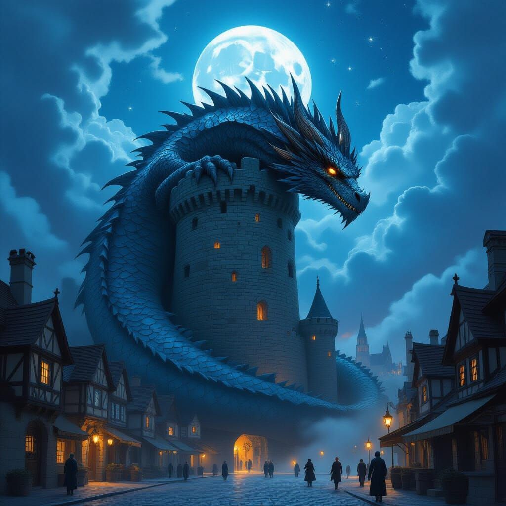 Ancient Dragon Sleeps Over Medieval City in Digital Painting