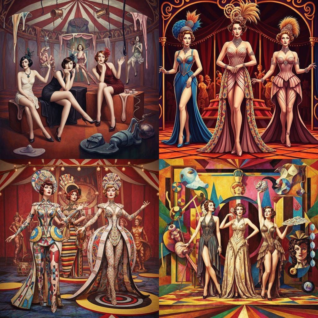 Surreal Sideshow Women at 1940s Circus, Cubist Art Deco