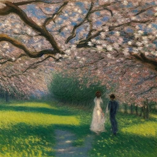 Impressionistic Apple Orchard Scene with Girls