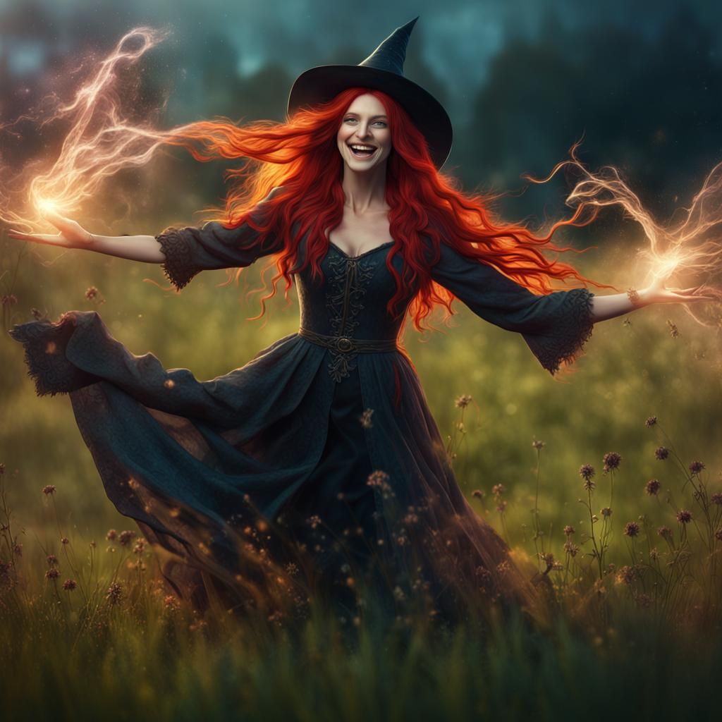 Red-Haired Witch Dancing in Meadow with Magic