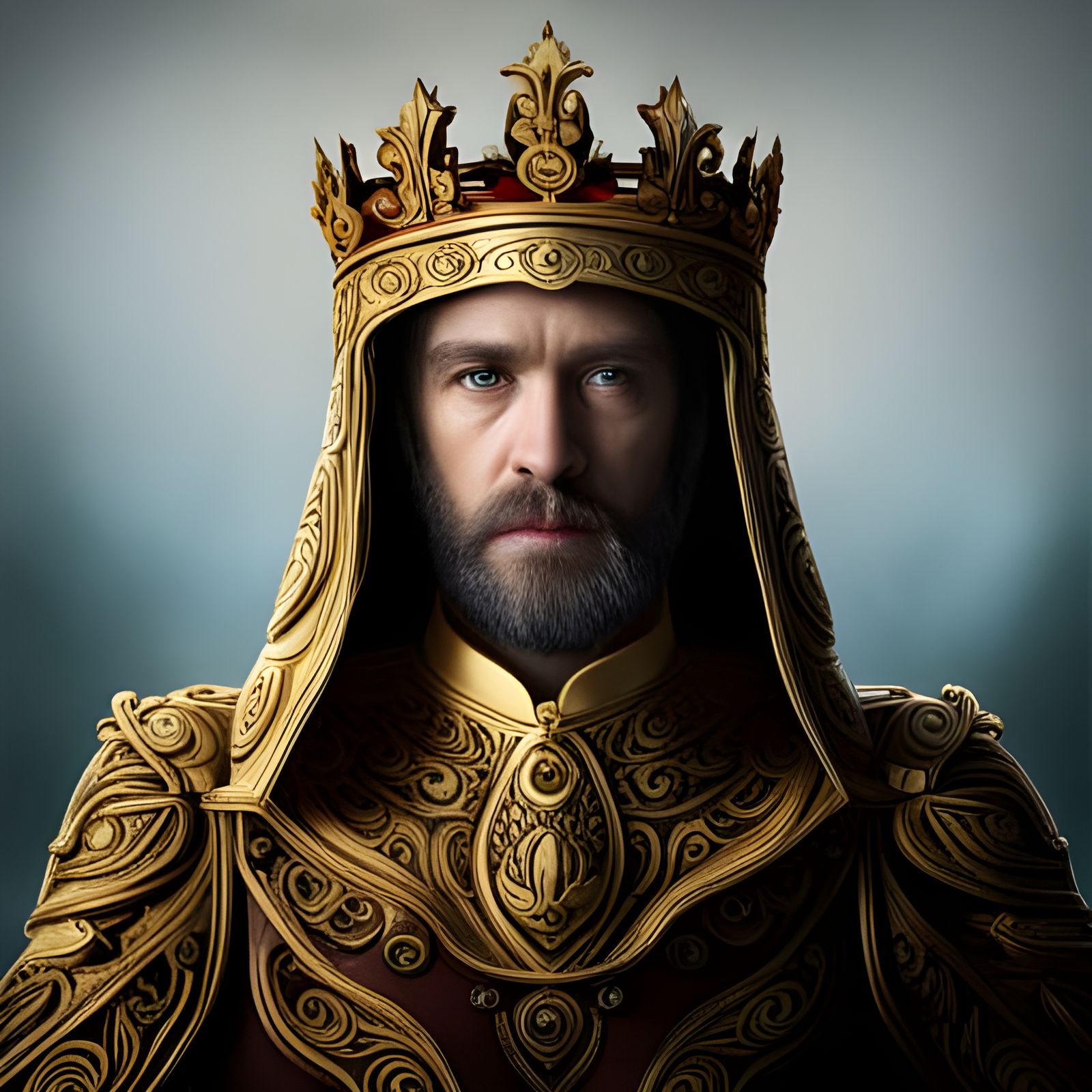 Hyperrealistic King on Oak Throne Portrait