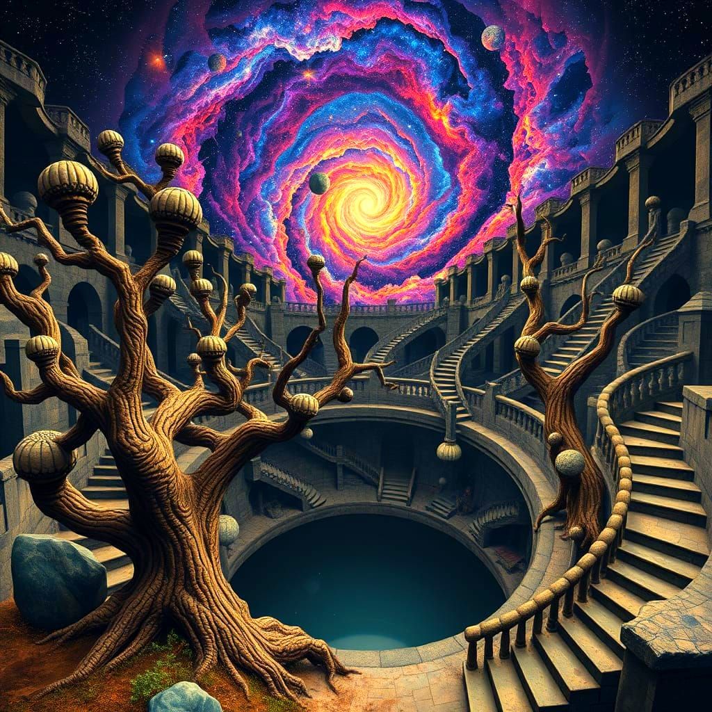 Surrealistic Landscape with Escher-Inspired Staircases and C...