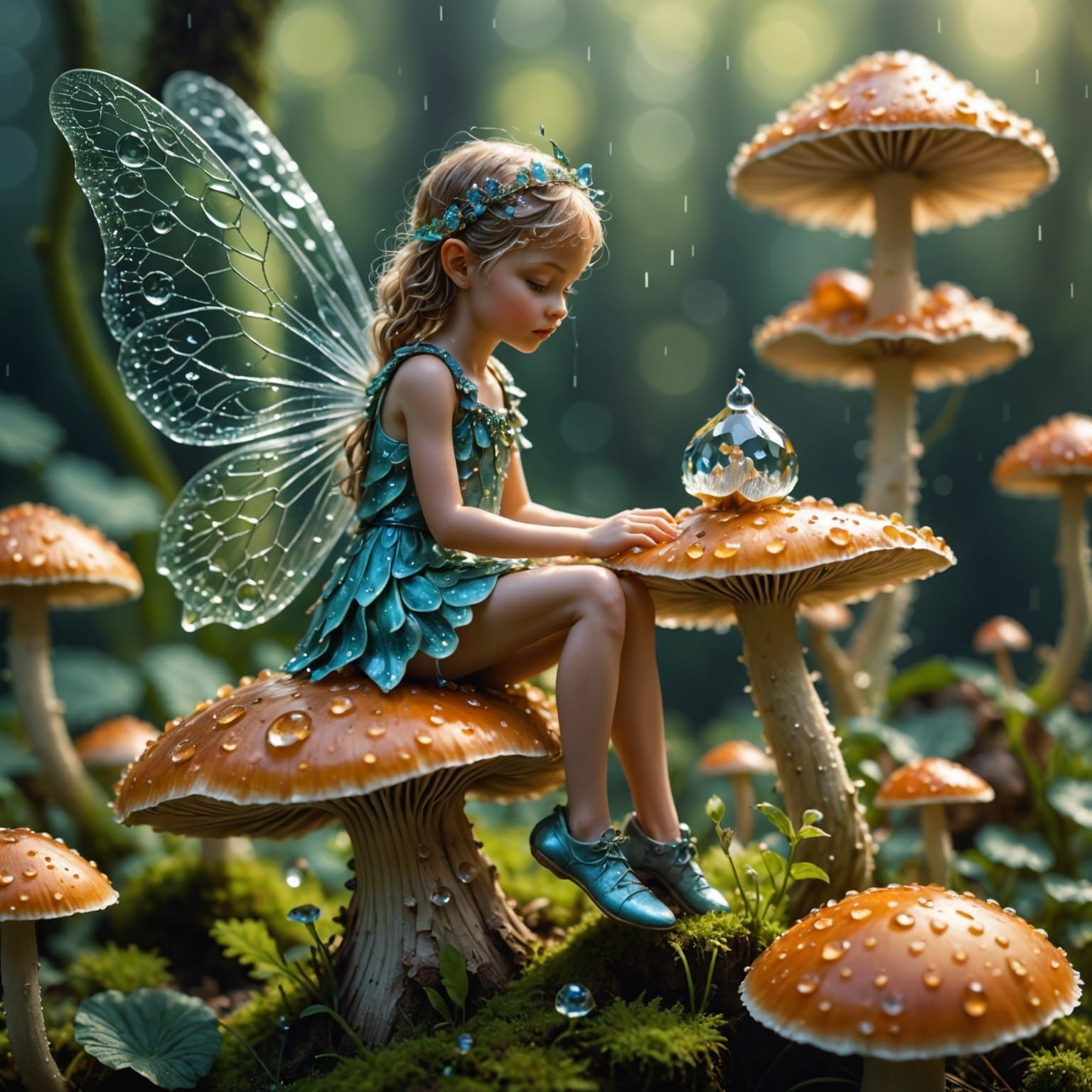 Whimsical Macro Photography of a Fairy on a Dewy Mushroom