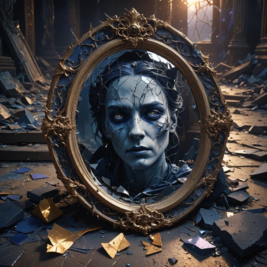 Evil Ghostly Face Reflected in Shattered Mirror