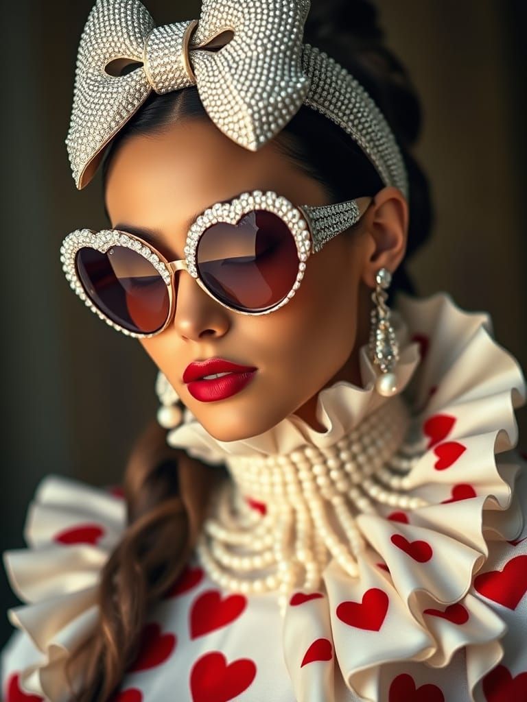 Glamorous Avant-Garde Goddess in Heart-Shaped Sunglasses