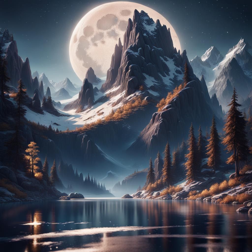 Moonlit Mountain Lake in Detailed Digital Painting