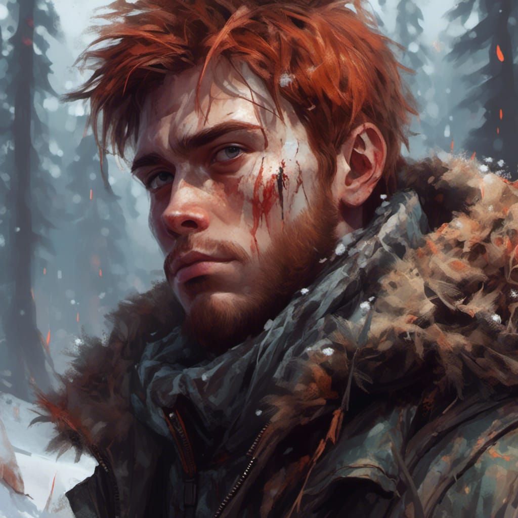 Red-Haired Man in Taiga: Digital Art Portrait